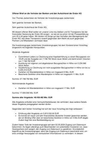  Investorengruppe Jackermeier erhöht Finanzierungsangebot an die Endor AG auf 48,4 Mio. Euro und fordert personelle Veränderungen in Vorstand und Aufsichtsrat