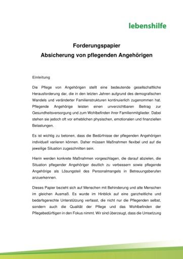  Forderungspapier der Lebenshilfe Österreich "Absicherung pflegende Angehörige"