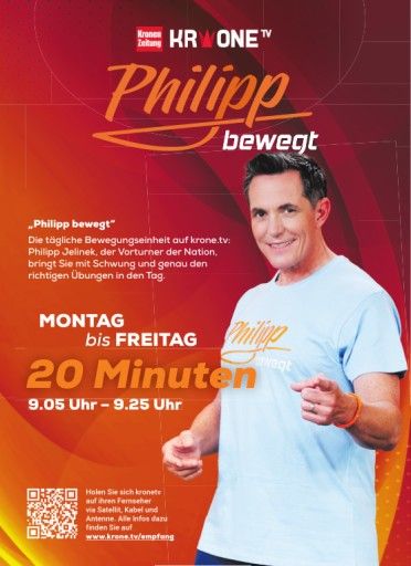 Vorschau Bild von Philipp macht euch fit! Die „Krone“ und krone.tv bringen den Vorturner der Nation, Philipp Jelinek, zurück auf den Bildschirm. Ab Montag heißt es täglich um 09:05 Uhr auf krone.tv „Philipp bewegt“. Verwendung ausdrücklich nur in direkter Verbindung mit der Berichterstattung zur Sendung.