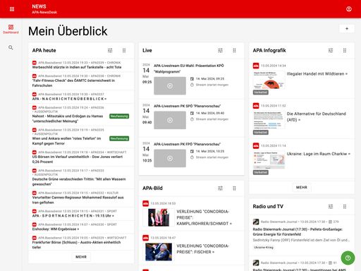 Das News-Modul des APA-NewsDesk liefert einen
ständig aktualisierten Monitoring-Überblick über alle APA-Inhalte
sowie Recherche im APA-Basisdienst und in umfassenden
Mediendatenbanken.