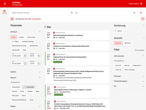 Vorschau Bild von Das Agenda-Modul bietet den vollständigen
Terminkalender der APA-Redaktion zu nationalen und internationalen
Themen, Ereignissen und Events – inklusive Live-Überblick, zu
welchen Terminen die APA berichten wird.
