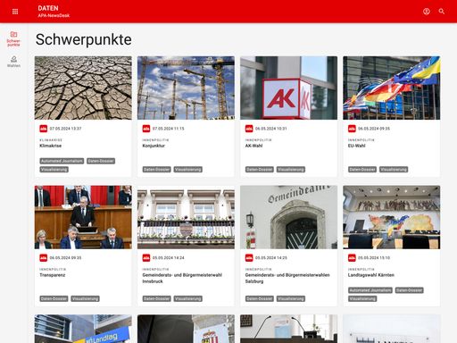 Vorschau Bild von Das Daten-Modul umfasst sämtliche
datenjournalistischen Angebote der APA-Redaktion - von aktuellen
Wahlergebnissen bis hin zu umfangreichen Datenpaketen zu
Innenpolitik- und Klima-Themen inklusive Infografiken, Visuals,
Automated Journalism u.v.m..