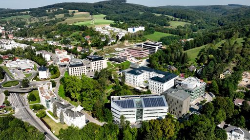 Vorschau Bild von Der ISTA Campus. Neben dem zentralen Teich wird aktuell das VISTA
Science Experience Center gebaut. Der ISTA Plaza mit acht neuen
Gebäuden wird im Norden des Campus entstehen – hinter den Sunstone
und Moonstone Gebäuden (hellrotes und schwarz-weißes Gebäude hier
oben rechts im Bild), unterhalb des Museum Gugging.