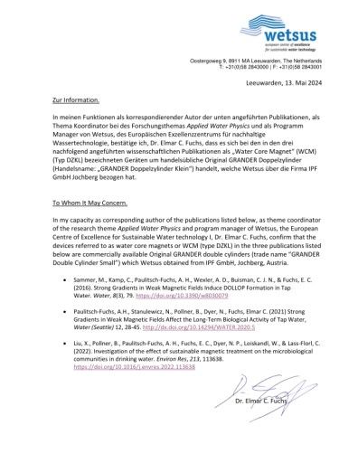 Vorschau Bild von Wetsus Bestätigung über den Einsatz von GRANDER-Zylindern in Studien der Forschungssparte Applied Water Physics