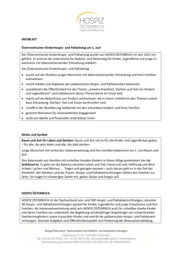 Infoblatt zum Österreichischen Kinderhospiz- und Palliativtag am 1. Juni und zur aktuellen Hospiz- und Palliativ Care für Kinder, Jugendliche und junge Erwachsene