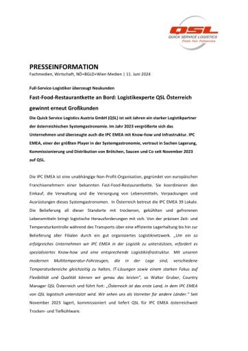 Vorschau Bild von Fast-Food-Restaurantkette an Bord: Logistikexperte QSL Österreich gewinnt erneut Großkunden