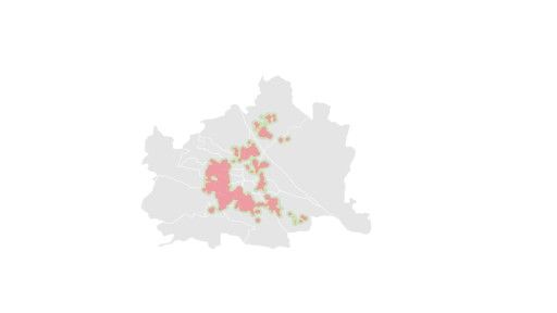 Die „Karte des Mietwuchers“ zeigt die Gebiete mit den am stärksten überhöhten Altbaumieten in Wien. Quelle: Jufina; Datenbasis: rd. 2.000 anonymisierte, firmeneigene Falldaten