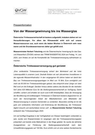 Vorschau Bild von Presseaussendung zum Trinkwassertag 2024: "Von der Wassergewinnung bis ins Wasserglas"