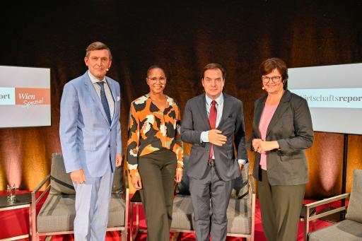  Stadtrat Peter Hanke, Google Österreich - Chefin
Maimuna Mosser, Moderator Rainer Nowak und AMS-Vorständin Petra
Draxl (v.l.n.r).