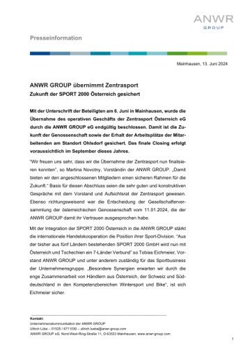 ANWR GROUP übernimmt Zentrasport