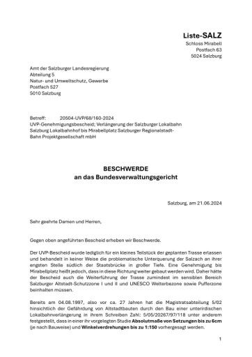  S-Link - Liste SALZ bringt beim Bundesverwaltungsgericht Beschwerde gegen UVP-Genehmigung ein