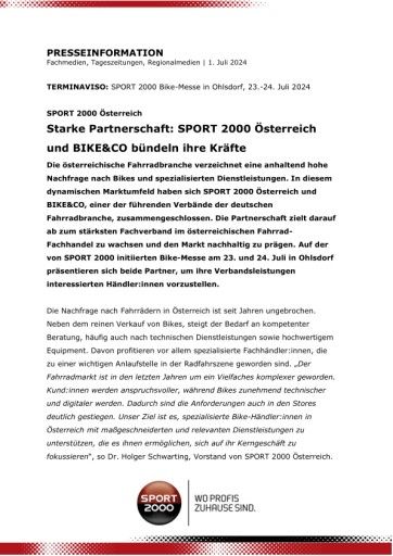 Vorschau Bild von Starke Partnerschaft: SPORT 2000 Österreich und BIKE&CO bündeln ihre Kräfte
