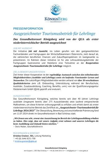 Vorschau Bild von Pressemitteilung "Ausgezeichneter Tourismusbetrieb für Lehrlinge"