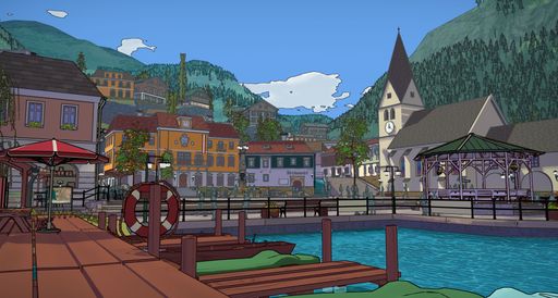 Vorschau Bild von Screenshot aus dem Spiel Dungeons of Hinterberg -
Der Ort Hinterberg mit Hauptplatz und See