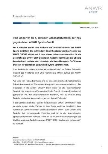 Vorschau Bild von Irina Andorfer ab 1. Oktober Geschäftsführerin der neu gegründeten ANWR Sports GmbH