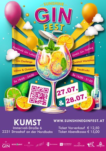 Das Veranstaltungsposter Des Sunshine Gin Fest am
27.07. & 28.07.2024. Design wurde von der Dall-E KI entworfen und
von der Grafikerin Liz Leeb [Berlin] adaptiert und verbessert.