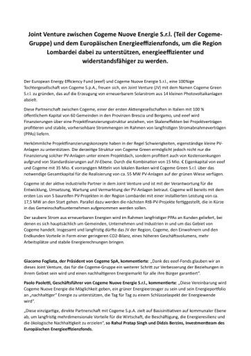 Vorschau Bild von Presseaussendung von Cogeme Nuove Energie und eeef.