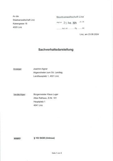 Vorschau Bild von Anzeige der MFG gegen Klaus Luger wegen Untreue