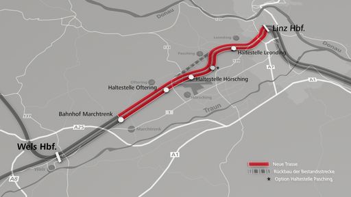Die Grafik zeigt die neue Bahntrasse zwischen Linz und
Marchtrenk; HOCHTIEF Infrastructure Austria und die Hasenöhrl BAU
GmbH bauen den Abschnitt BL 1.2 im Bereich Leonding
