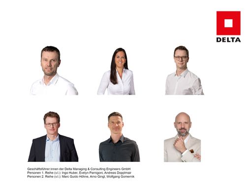 Geschäftsführer:innen der Delta Managing & Consulting Engineers
GmbH Personen 1. Reihe (v.l.): Ingo Huber, Evelyn Parnigoni, Andreas
Dopplmair Personen 2. Reihe (v.l.): Marc Guido Höhne, Arno Gingl,
Wolfgang Gomernik