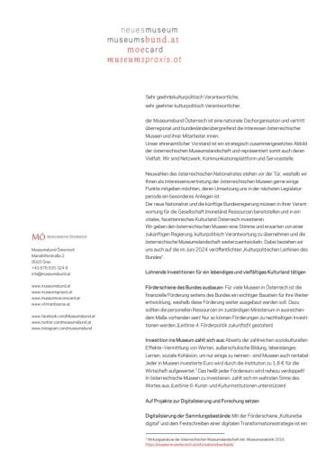 Vorschau Bild von Neuwahlen des österreichischen Nationalrates stehen vor der Tür, weshalb der Museumsbund Österreich als Interessensvertretung der österreichischen Museen den Verhandler:innen eines neuen Regierungsprogrammes gerne einige Punkte mitgeben möchten, deren Umsetzung dem Vorstand in der nächsten Legislaturperiode ein besonderes Anliegen ist.