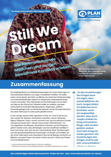  Der Bericht untersucht, wie sich bewaffnete Konflikte auf heranwachsende Mädchen und Jungen auswirken. Befragt wurden fast 10.000 junge Menschen im Alter von 15-24 Jahren in zehn Ländern, die von Kriegen, Bürgerkriegen oder Bandenkriegen geprägt sind. In Interviews wurde in Erfahrung gebracht, wie unterschiedlich Mädchen und Jungen bewaffnete Konflikte erleben.