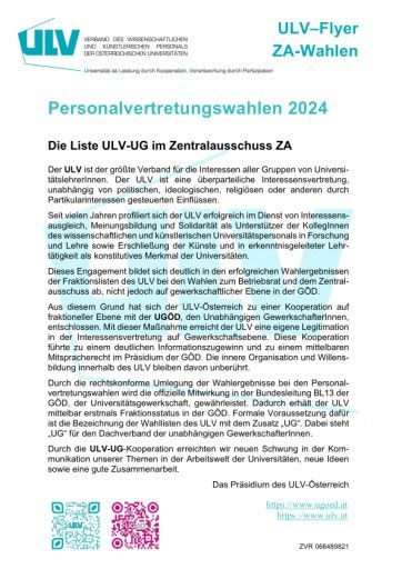  ULV, Personalvertretungswahlen, Liste ULV-UG, Zentralausschuss UniversitätslehrerInnen