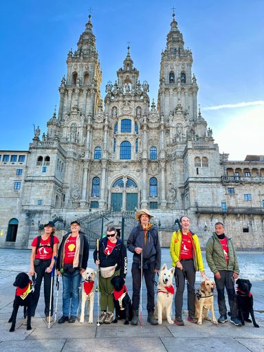 Vorschau Bild von Geschafft! Die Gruppe der österreichischen und spanischen
Blindenführhunde-Teams am Samstag, dem 28.9.2024, glücklich an ihrem
Ziel – der Kathedrale von Santiago de Compostela– angekommen.