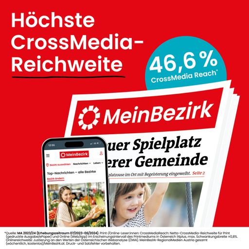 Höchste CrossMediaReach in der Media-Analyse 2023/24: MeinBezirk
– Österreichs Nummer 1*