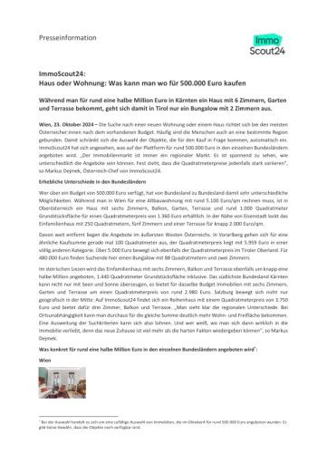 Vorschau Bild von ImmoScout24 Pressemeldung: Haus oder Wohnung: Was man wo für 500.000 Euro kaufen kann.