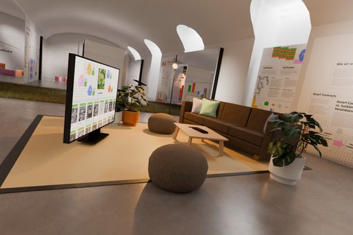 "BLOCKCHAIN:UNCHAINED. New Tools for Democracy", 2024,
Designkollektiv Gemeinde-Bau (Katja-Anna Krug, Max Kure, Leo
Mühlfeld, Anton Posch), Rendering