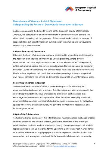 Vorschau Bild von Gemeinsame Erklärung der Europäischen Demokratiehauptstädte Barcelona und Wien