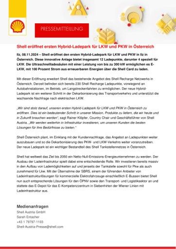Vorschau Bild von Pressemitteilung Shell Austria: erster Shell Hybrid-Ladepark für LKW und PKW