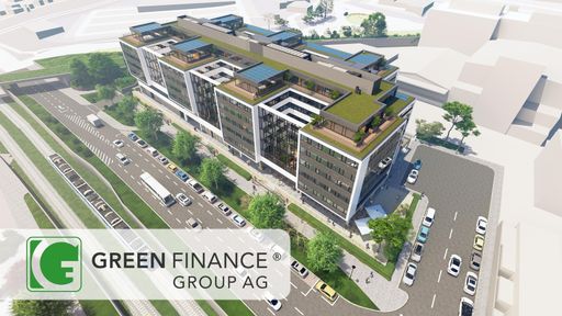 In der folgenden Visualisierung sieht man das geplante Green
Business Center Wien mit seinen 7 Türmen von außen und vorne rechts
aus der Vogelperspektive.
