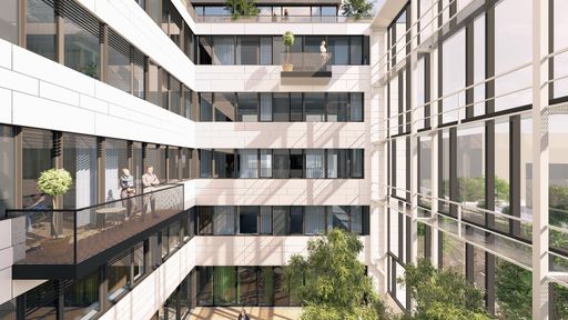 Vorschau Bild von Hier sieht man den Blick von außen in einen der begrünten
Innenhöfe mit seinen großzügigen Balkonen und Terrassen.