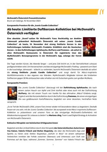Vorschau Bild von Rechtzeitig zur dunklen Jahreszeit präsentiert McDonald’s Österreich mit seiner „Iconic Candle Collection“ ab 19. November drei streng limitierte Kerzen in den Duftrichtungen Apfeltasche, McFlurry und Pommes.