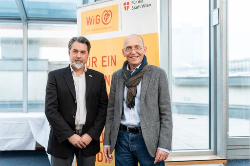 Vorschau Bild von Mag. Dr. Jochen Haidvogel, MBA (Leiter des Stadt Wien –
Gesundheitsdienstes) und Dennis Beck (Geschäftsführer der Wiener
Gesundheitsförderung – WiG) bei der Veranstaltung
„Gesundheitsförderung im Gespräch“.