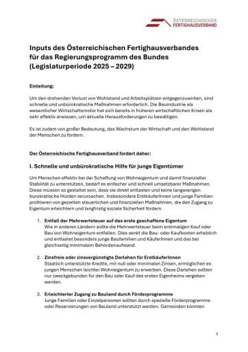  Inputs des Österreichischen Fertighausverbandes für das Regierungsprogramm des Bundes (Legislaturperiode 2025 – 2029)
