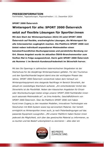 Vorschau Bild von Wintersport für alle: SPORT 2000 Österreich setzt auf flexible Lösungen für Sportler:innen.