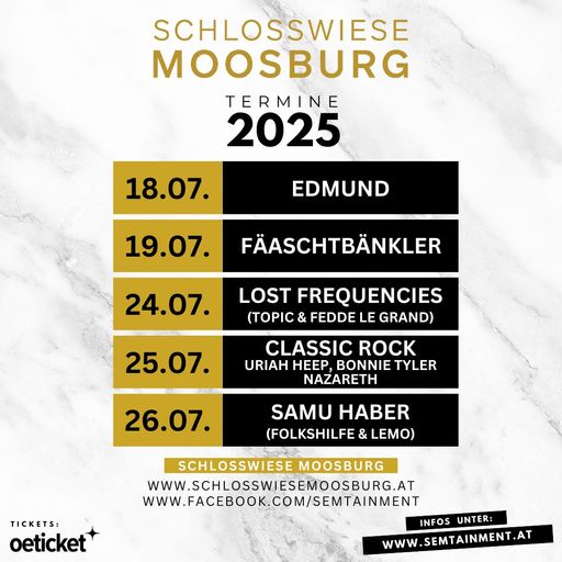 The Schlosswiese Moosburg is presenting five top concerts for the summer of 2025!