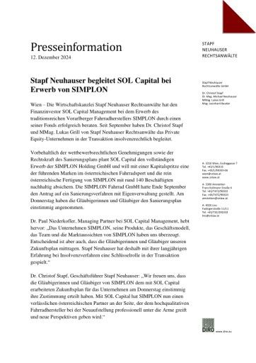 Stapf Neuhauser begleitet SOL Capital bei Erwerb von SIMPLON