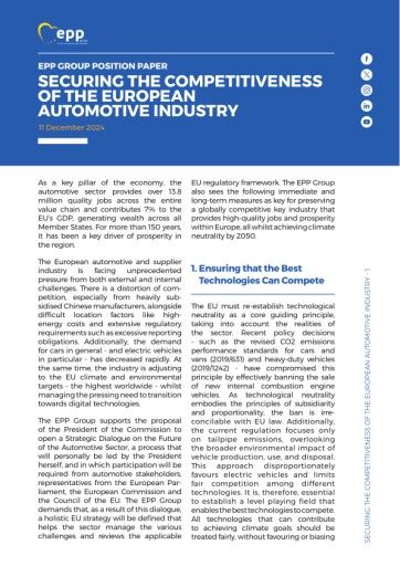 Vorschau Bild von Die Europäische Volkspartei (EVP), die größte Fraktion im Europäischen Parlament, spricht sich in ihrem Positionspapier dafür aus, synthetische/biologische Kraftstoffe und eFuels sowie Plug-In-Hybride als wichtige Bausteine für die Mobilität der Zukunft und den Klimaschutz anzuerkennen und zu fördern.