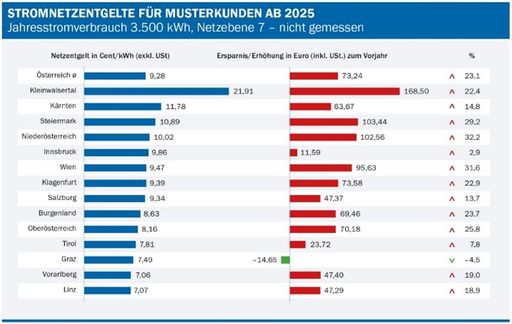 Stromnetzentgelte für Musterkunden ab 2025; Quelle: E-Control