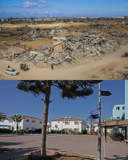 Das SOS-Kinderdorf in Rafah vor und nach der Verwüstung.