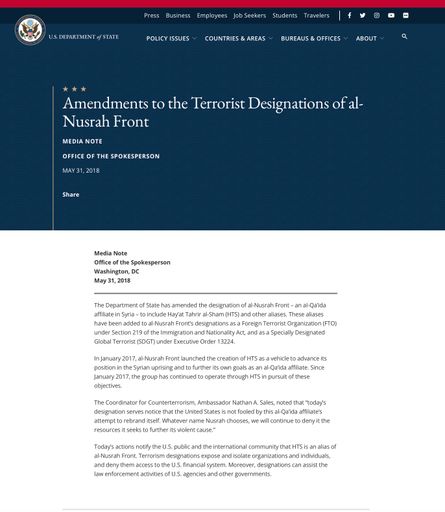 Vorschau Bild von Unter US-Regierungsveröffentlichung über die ausländische
Terrororganisation steht folgende Information, die am 31.Mai.2018
für die Medien freigegeben wurde.