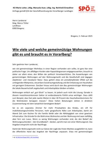 Vorschau Bild von Parlamentarische Anfrage der SPÖ Vorarlberg an Landesrat Marco Tittel bezüglich des Bedarfs an gemeinnützigen Wohnungen in Vorarlberg