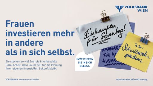 Bild 01: Die Volksbank möchte sich als nahbare und
vertrauenswürdige Bank positionieren, die Frauen unterstützt,
finanziell selbstständig zu werden und langfristige finanzielle
Sicherheit zu erreichen. © VOLKSBANK WIEN AG