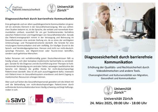  Programm und weitere Informationen zur Tagung "Diagnosesicherheit durch barrierefreie Kommunikation" am 24.03.2025 in Zürich