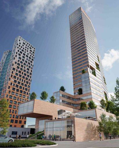 Der Nordturm (rechts) des Projekt H-Towers wird mit 144 Metern
Höhe das höchste Gebäude der tschechischen Republik. Er entsteht
direkt neben dem bislang höchsten Turm, dem AZ-Tower (mit 111 Metern
Höhe).