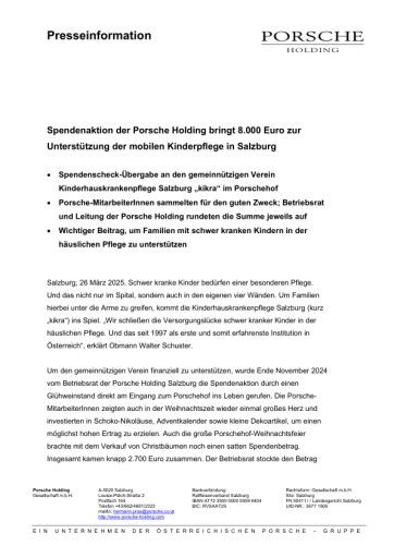  Spendenscheck-Übergabe an den gemeinnützigen Verein Kinderhauskrankenpﬂege Salzburg „kikra“ im Porschehof